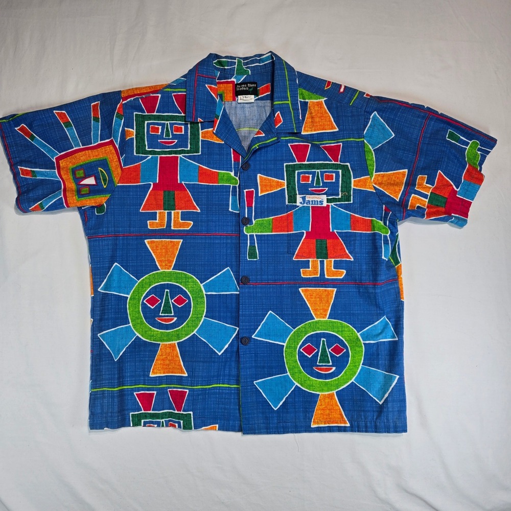 Vintage James River Traders Original Jams Shirt Mens L Blue Tribal Sun Print USA